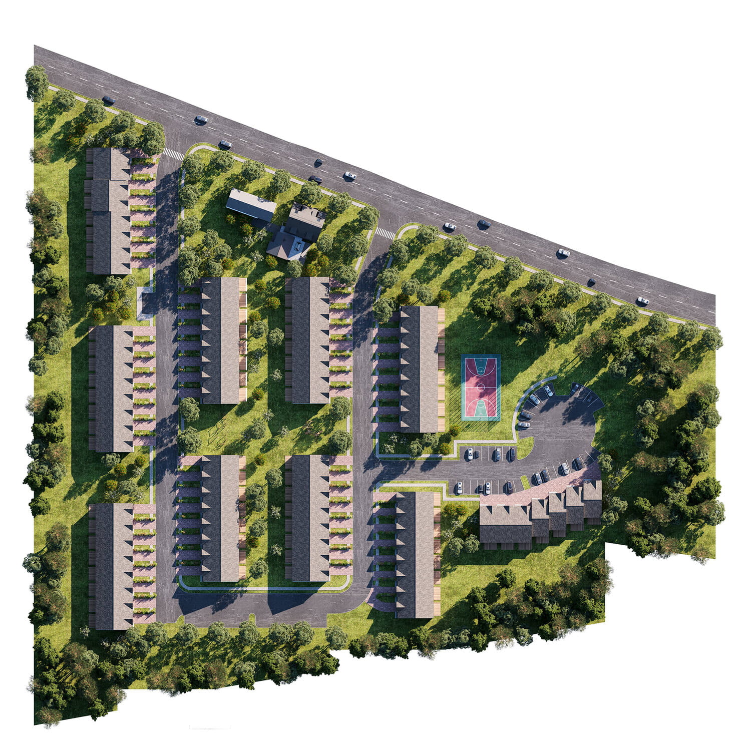 Aerial site plan visualization of a multi-building development by StageHomy