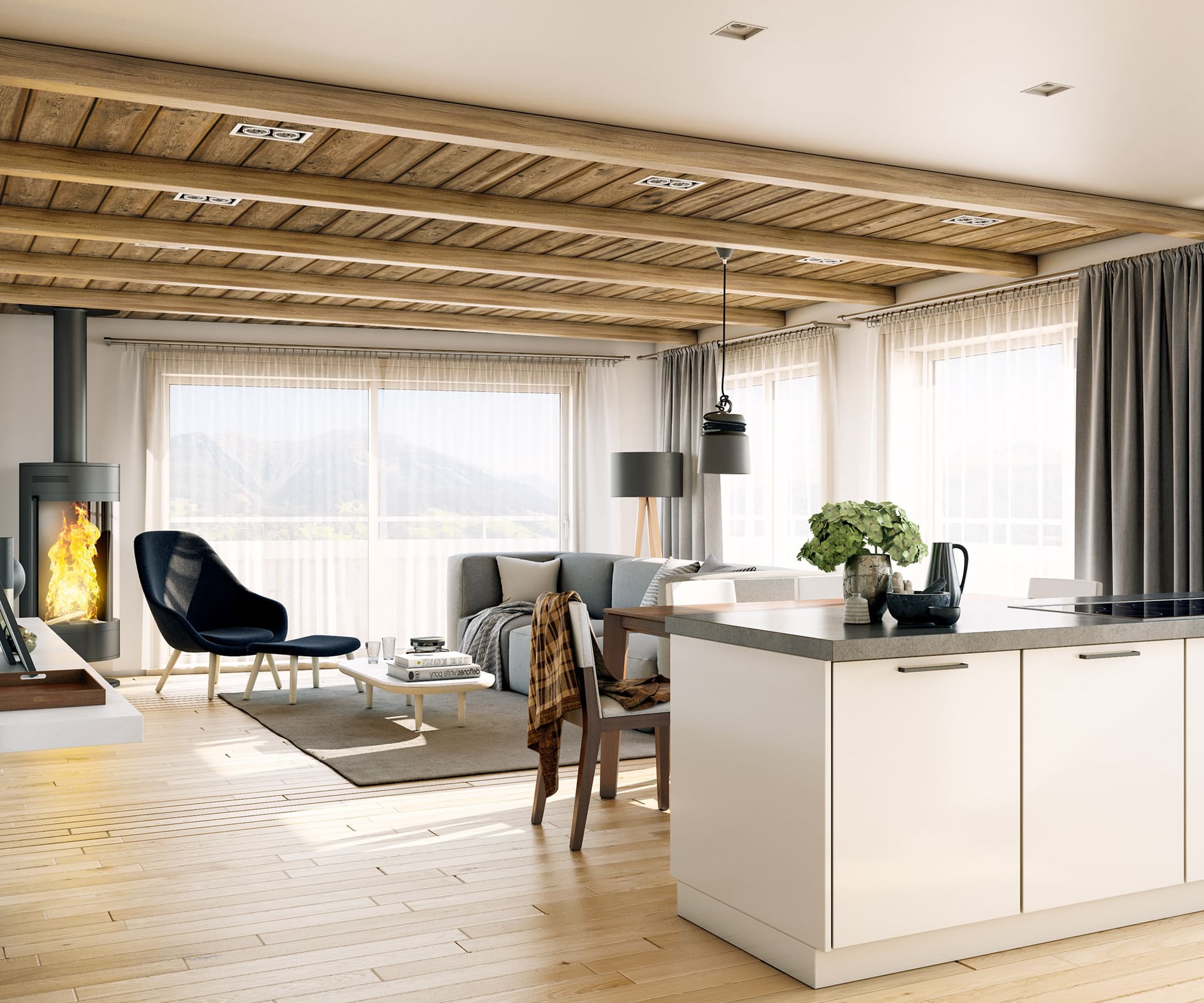 Rustic Beam Living Space - Interiors by StageHomy